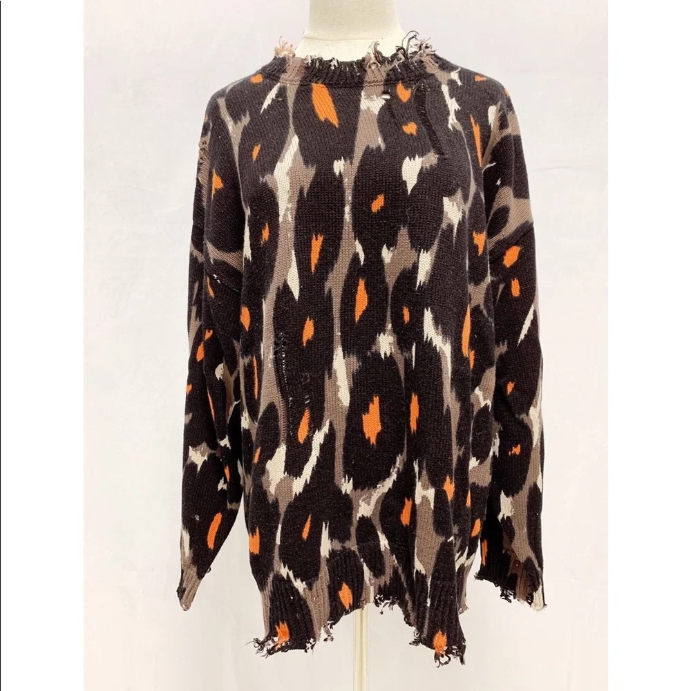 R13 Black and Brown Leopard Oversized Long Sleeve Crewneck Sweater Size M - Picture 4 of 8